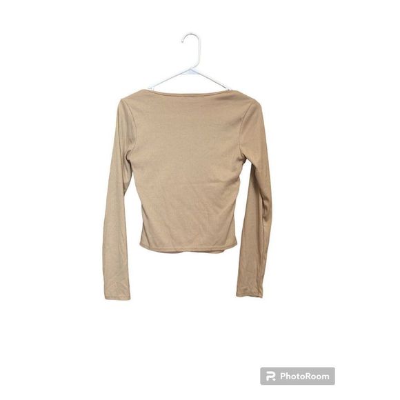 Fashion Nova Tan Cropped Knot Front Long Sleeve Top Womens M - Picture 2 of 7